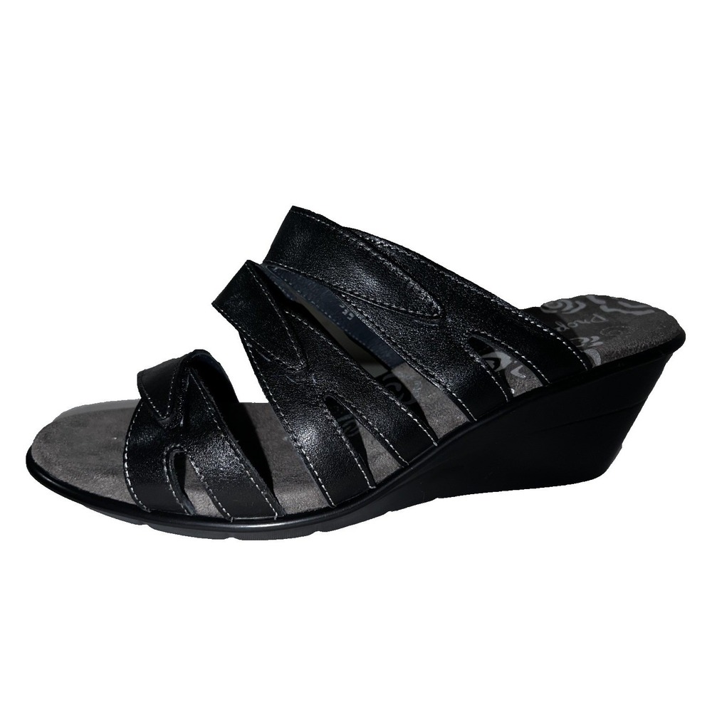Propet Shoes Womens Black Leather Multi Strap Wedge Slide Sandals Size 11 X(2E)
